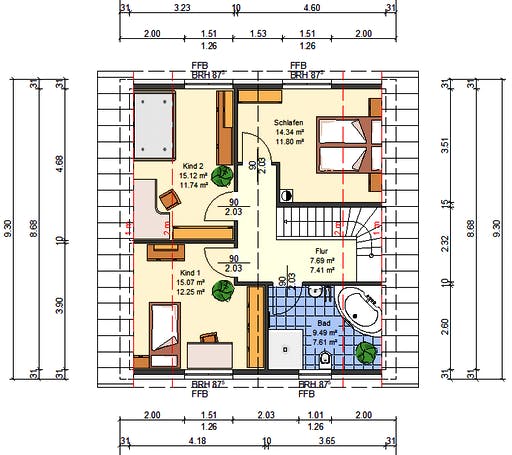 Massivhaus Kleeblatt von AVOS Hausbau Schlüsselfertig ab 315950€, Satteldach-Klassiker Grundriss 1