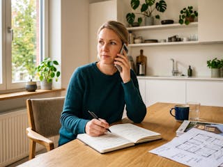 Frau sitzt an einem Schreibtisch und telefoniert. Vor ihr liegen Hausbau-Kataloge, Grundrisse und ein Notizbuch mit handschriftlichen Notizen.