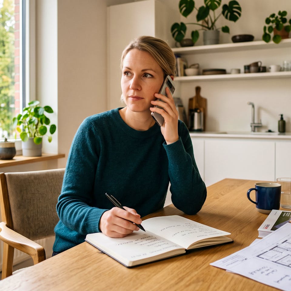 Frau sitzt an einem Schreibtisch und telefoniert. Vor ihr liegen Hausbau-Kataloge, Grundrisse und ein Notizbuch mit handschriftlichen Notizen.