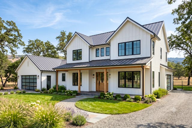 Amerikanisches Haus im Modern-Farmhouse-Stil mit heller Fassade und schwarzen Fensterrahmen, Außenansicht