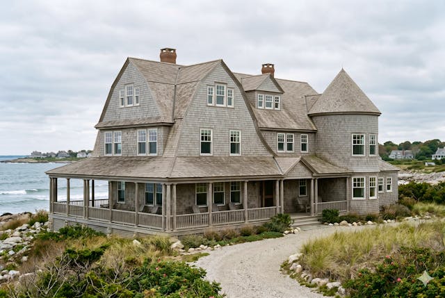 Shingle Style: durchgehend mit Holzschindeln verkleidetes Haus aus dem küstennahen Neuengland – fließende Formen, weite Veranden und silbergrau verwitterte Fassade.