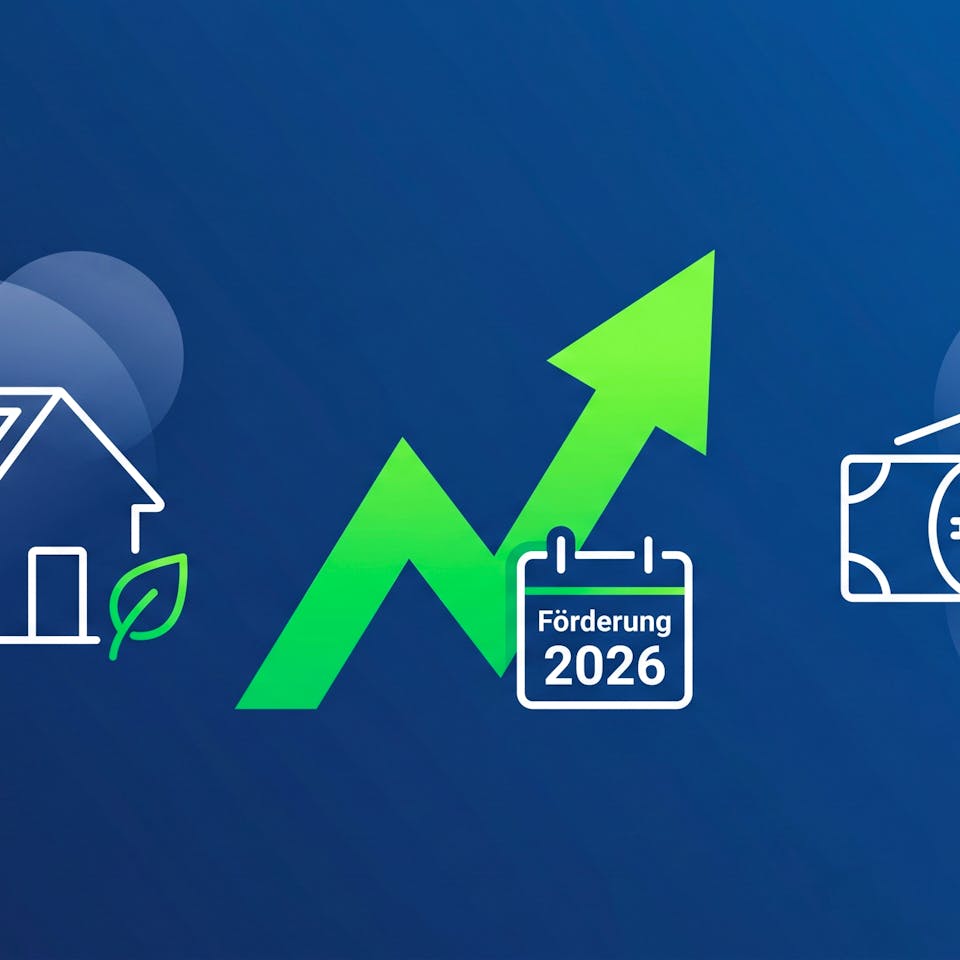 Grafik zur KfW-Heizungsförderung 2026 mit Haus, grünem Pfeil und Geld als Symbol für neue Förderbedingungen ab 21. Juli 2026.