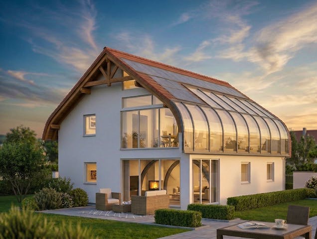 Zweistöckiges Selbstbauhaus mit Zwiebeldach, Wintergarten und ökologischen Baumaterialien: Planungsbeispiel 159SB20 von Bio-Solar-Haus