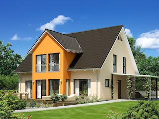 Effizienzhaus 40 Plus mit orange-weißer Fassade Effizienzhaus 40 Plus mit orange-weißer Fassade