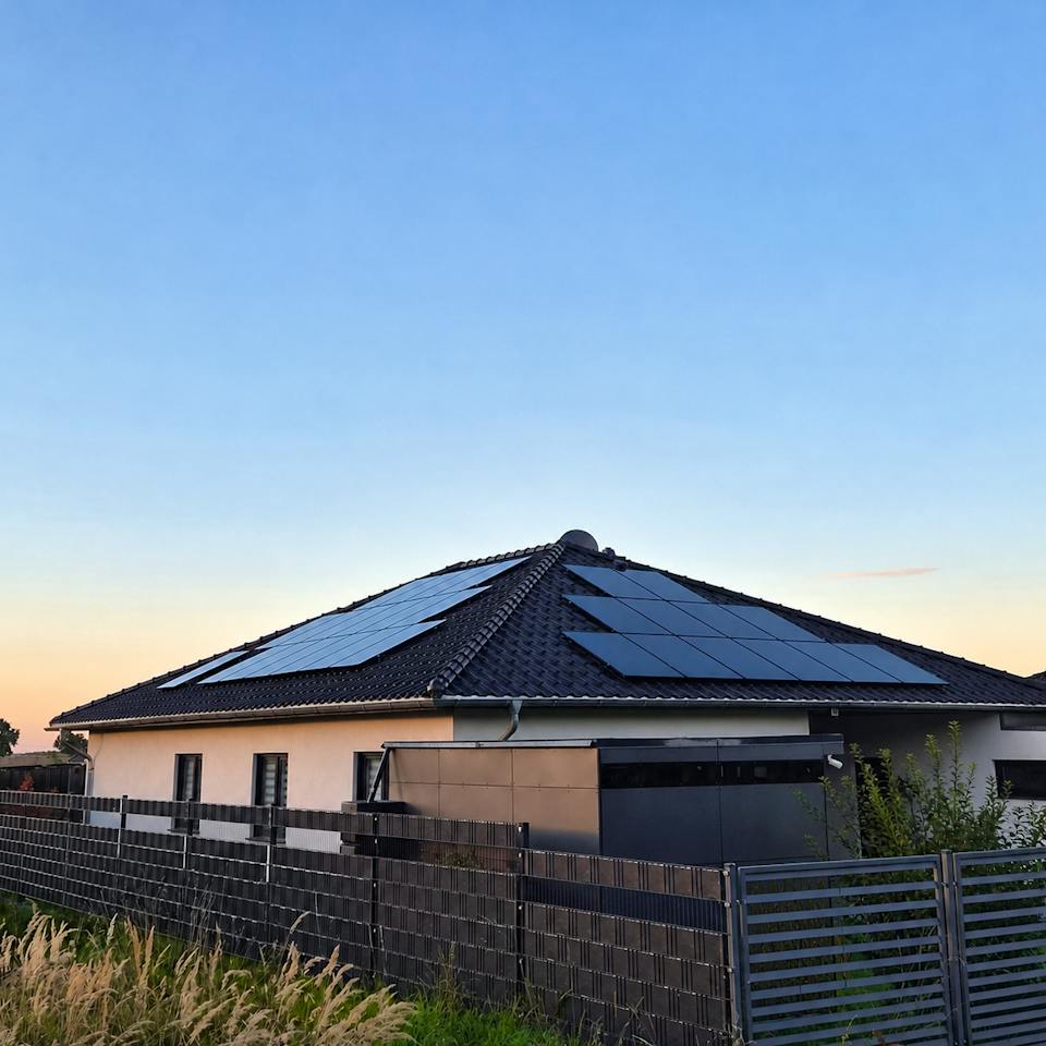 Bungalow mit Walmdach und Photovoltaik-Anlage in der Abenddämmerung