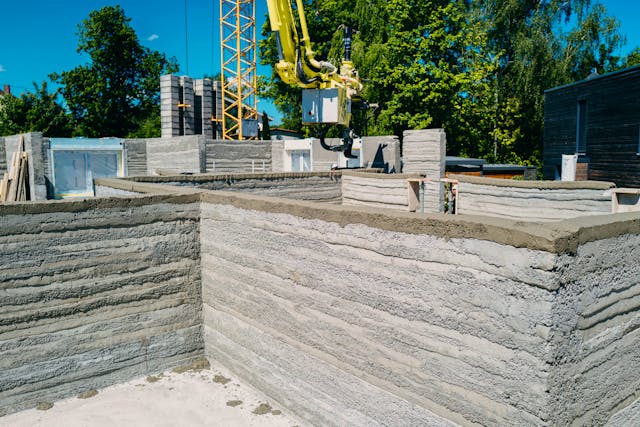 Druckvorgang auf der Baustelle: 3D-gedrucktes Mehrfamilienhaus in Illertissen. Der Rohbau erfordert 9 Wochen. Quelle: Rupp Gebäudedruck