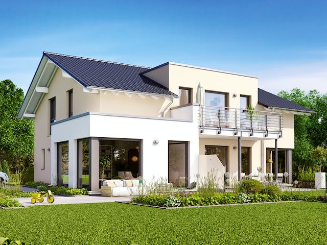 Fertighaus SOLUTION 230 V5 von Living Fertighaus Ausbauhaus ab 538329€, Satteldach-Klassiker Außenansicht 1