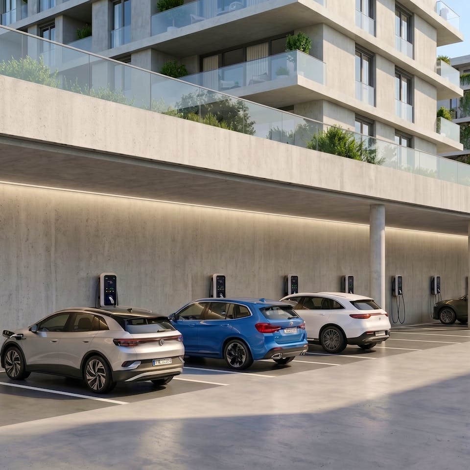 Moderne, offene Tiefgarage in einer Wohnanlage mit mehreren Mehrfamilienhäusern, mehrere Elektroautos in markierten Parkbuchten sind an Wallboxen (Ladestationen) an der Betonwand angeschlossen und laden.