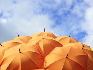 Viele orangenfarbene Sonnenschirme unter blauem Himmel