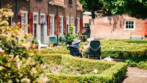 Altes Ehepaar sitzt im Garten vor eigenem Haus