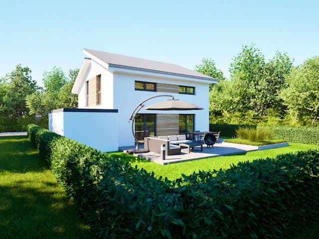 Massivhaus Entwurf CS116 von FAVORIT Massivhaus, Pultdachhaus Außenansicht 1