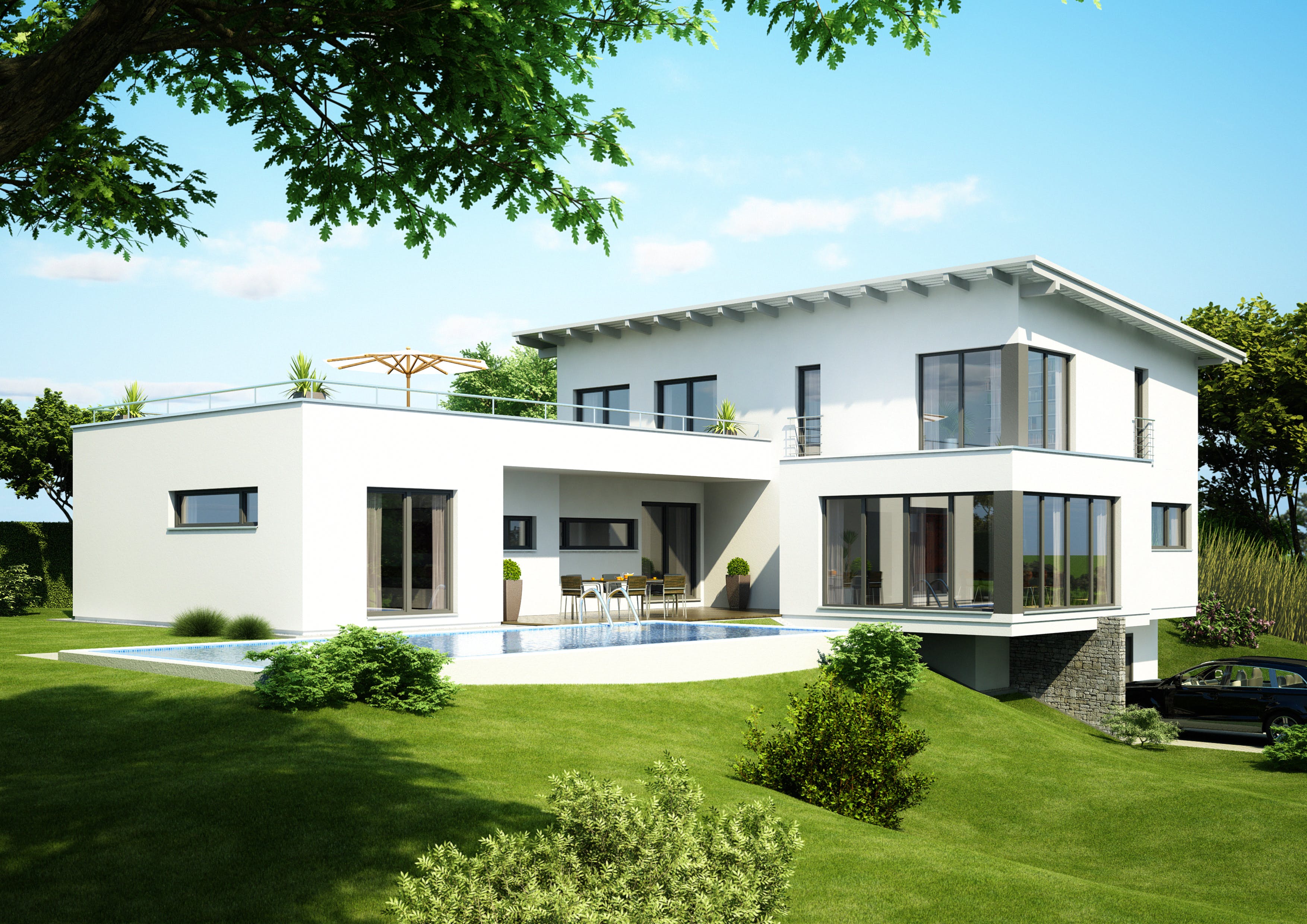 Fertighaus Adamello von Büdenbender Hausbau Schlüsselfertig ab 811700€, Pultdachhaus Außenansicht 2