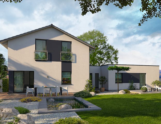 Einfamilienhaus von allkauf haus mit seitlichem Anbau, der über einen Windfang mit dem Haupthaus verbunden ist. Der Hausanbau lässt sich z.B. als Einliegerwohnung oder Büro planen und kann auf Wunsch mit einer großen Dachterrasse zusätzlich genutzt werden.