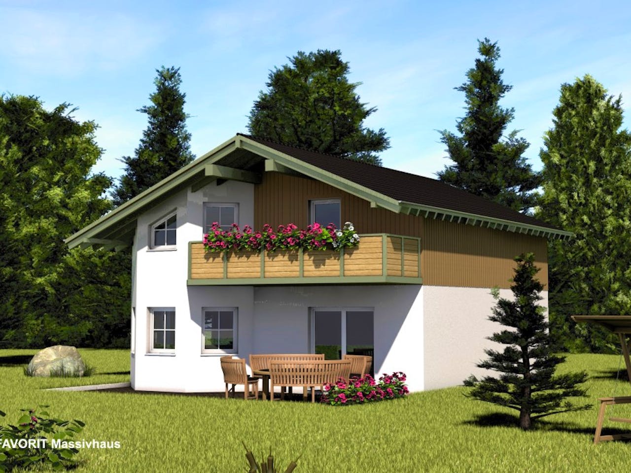 Massivhaus Alpenland 132 von FAVORIT Massivhaus Schlüsselfertig ab 325030€, Satteldach-Klassiker Außenansicht 1