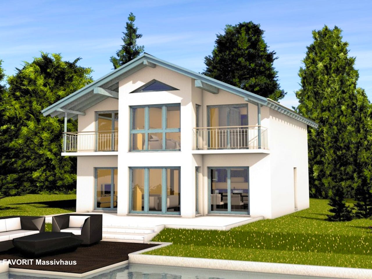 Massivhaus Alpenland 160 von FAVORIT Massivhaus Schlüsselfertig ab 384500€, Satteldach-Klassiker Außenansicht 1