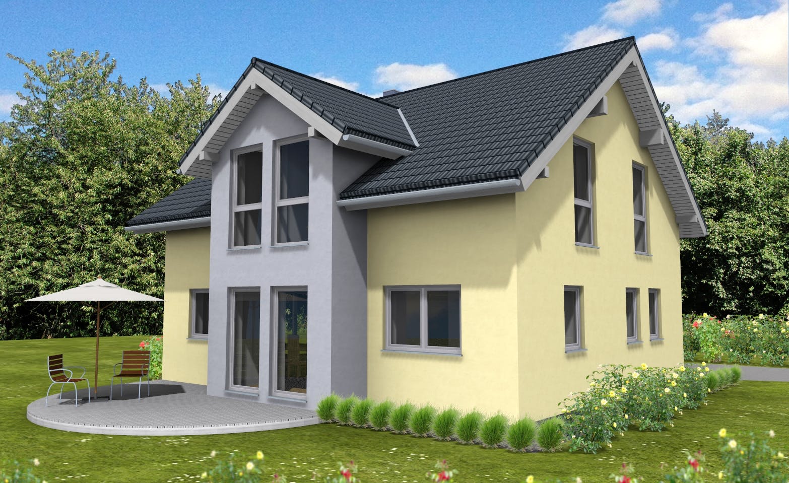 Fertighaus Ambiente 150 von Suckfüll Energiesparhaus Schlüsselfertig ab 354380€, Satteldach-Klassiker Außenansicht 1