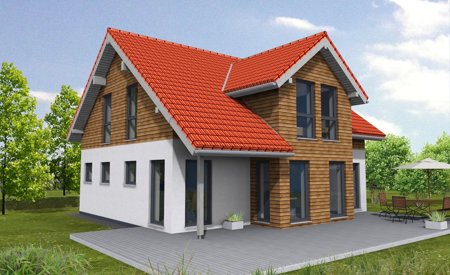 Fertighaus Ambiente 156 von Suckfüll Energiesparhaus Schlüsselfertig ab 369750€, Satteldach-Klassiker Außenansicht 1