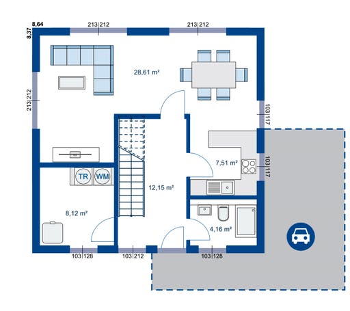 Fertighaus Lifestyle Serie 2 S von Apollo HAUS Ausbauhaus ab 139900€, Stadtvilla Grundriss 1