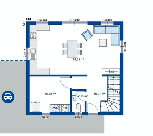 Fertighaus Novum Serie 1 S von Apollo HAUS Ausbauhaus ab 125900€, Satteldach-Klassiker Grundriss 1