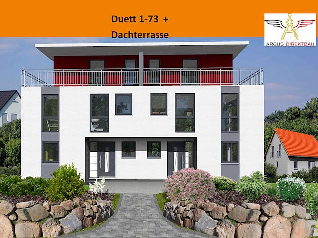 Massivhaus Duett 1-73 + Dachterrasse von ARGUS Direktbau, Cubushaus Außenansicht 1