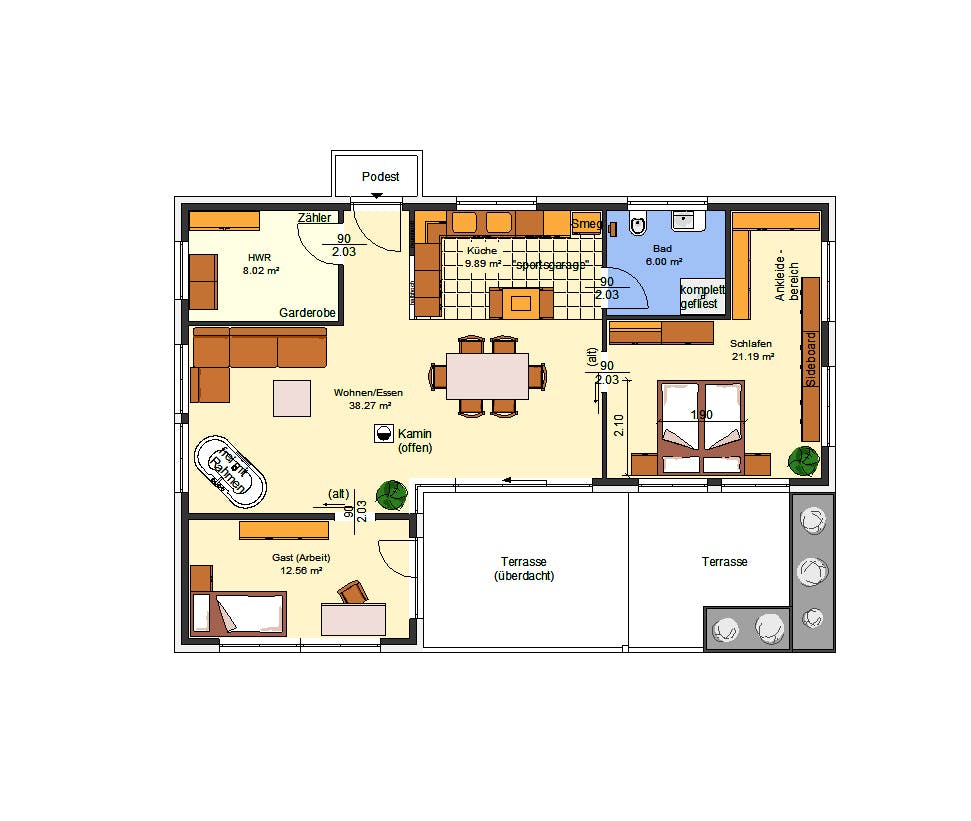 Massivhaus Anna von AVOS Hausbau Schlüsselfertig ab 239900€, Bungalow Grundriss 1