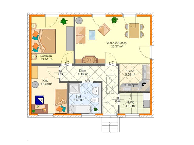 Massivhaus Aspe von AVOS Hausbau Schlüsselfertig ab 182500€, Bungalow Grundriss 1 Massivhaus Aspe von AVOS Hausbau Schlüsselfertig ab 182500€, Bungalow Grundriss 1