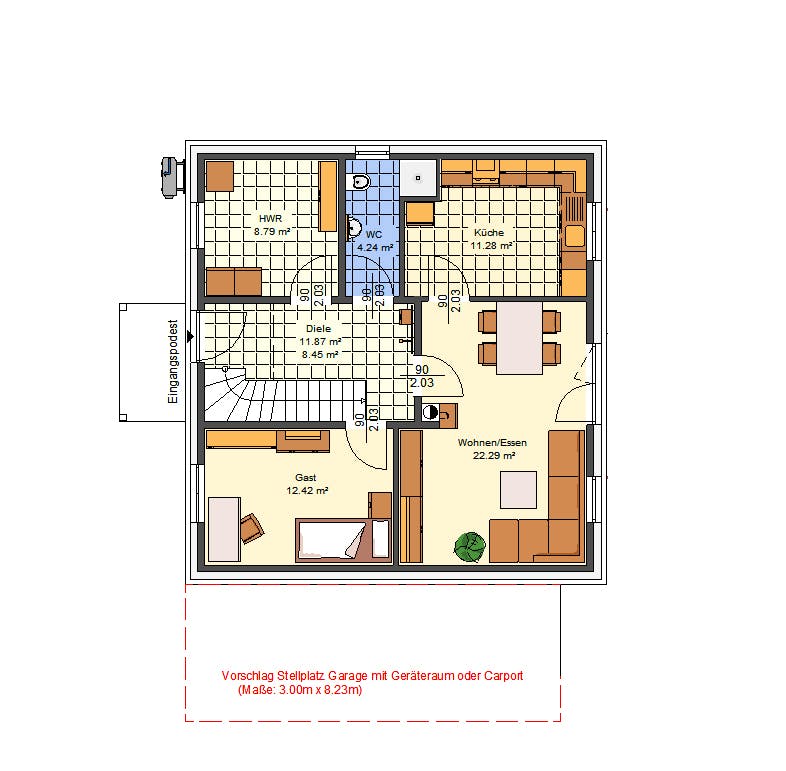 Massivhaus Dorina von AVOS Hausbau Schlüsselfertig ab 345450€, Satteldach-Klassiker Grundriss 1