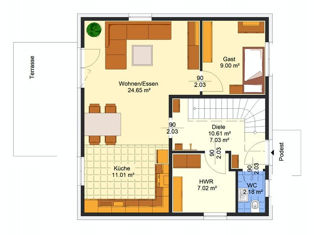 Massivhaus Gina von AVOS Hausbau Schlüsselfertig ab 313600€, Satteldach-Klassiker Grundriss 1