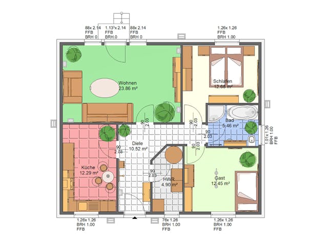 Massivhaus Iris von AVOS Hausbau Schlüsselfertig ab 203500€, Bungalow Grundriss 1