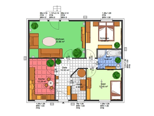 Massivhaus Iris von AVOS Hausbau Schlüsselfertig ab 203500€, Bungalow Grundriss 1