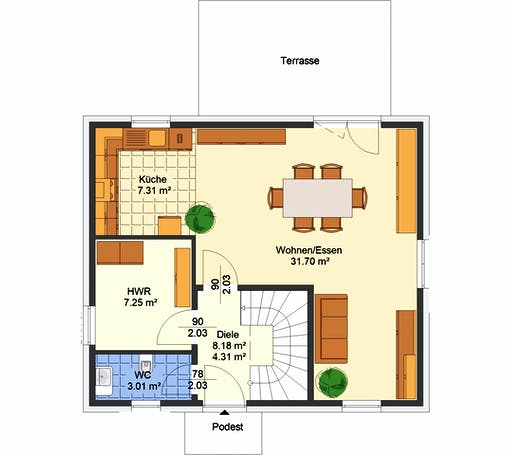 Massivhaus Kern von AVOS Hausbau Schlüsselfertig ab 249950€, Satteldach-Klassiker Grundriss 1