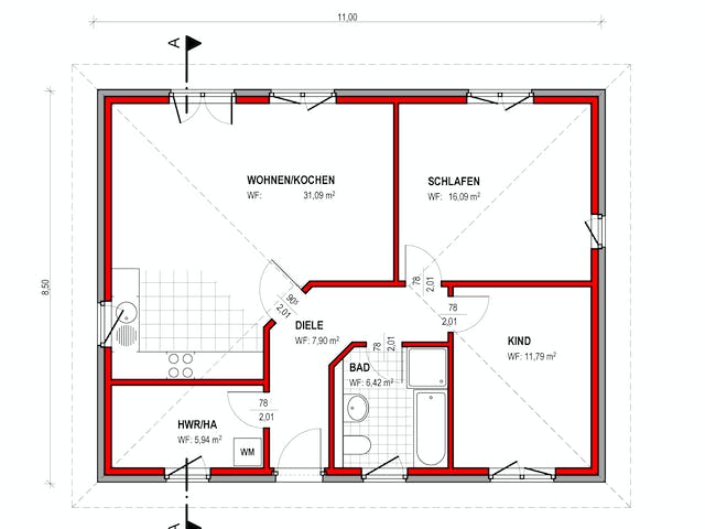 Massivhaus BK Bau-Konzept B100 (inacitve) von BK Bau-Konzept Schlüsselfertig ab 132900€, Bungalow Grundriss 1