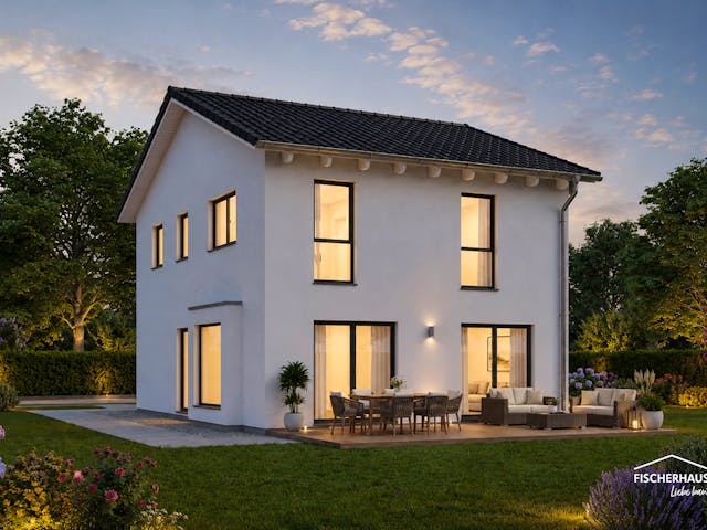 Fertighaus Modern 125 DHH von FischerHaus, Satteldach-Klassiker Außenansicht 1