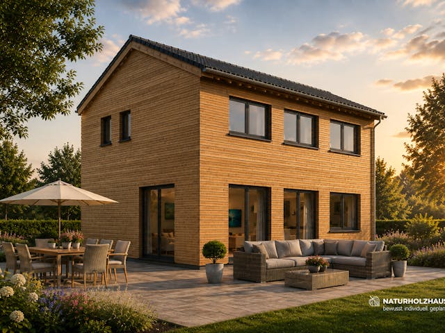 Fertighaus Einfamilienhaus Premium 151 von Naturholzhaus Bayern, Satteldach-Klassiker Außenansicht 1
