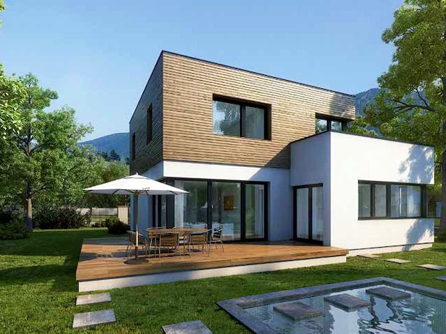 Blockhaus Balance 146 von Rubner Haus Schlüsselfertig ab 360000€, Cubushaus Außenansicht 1