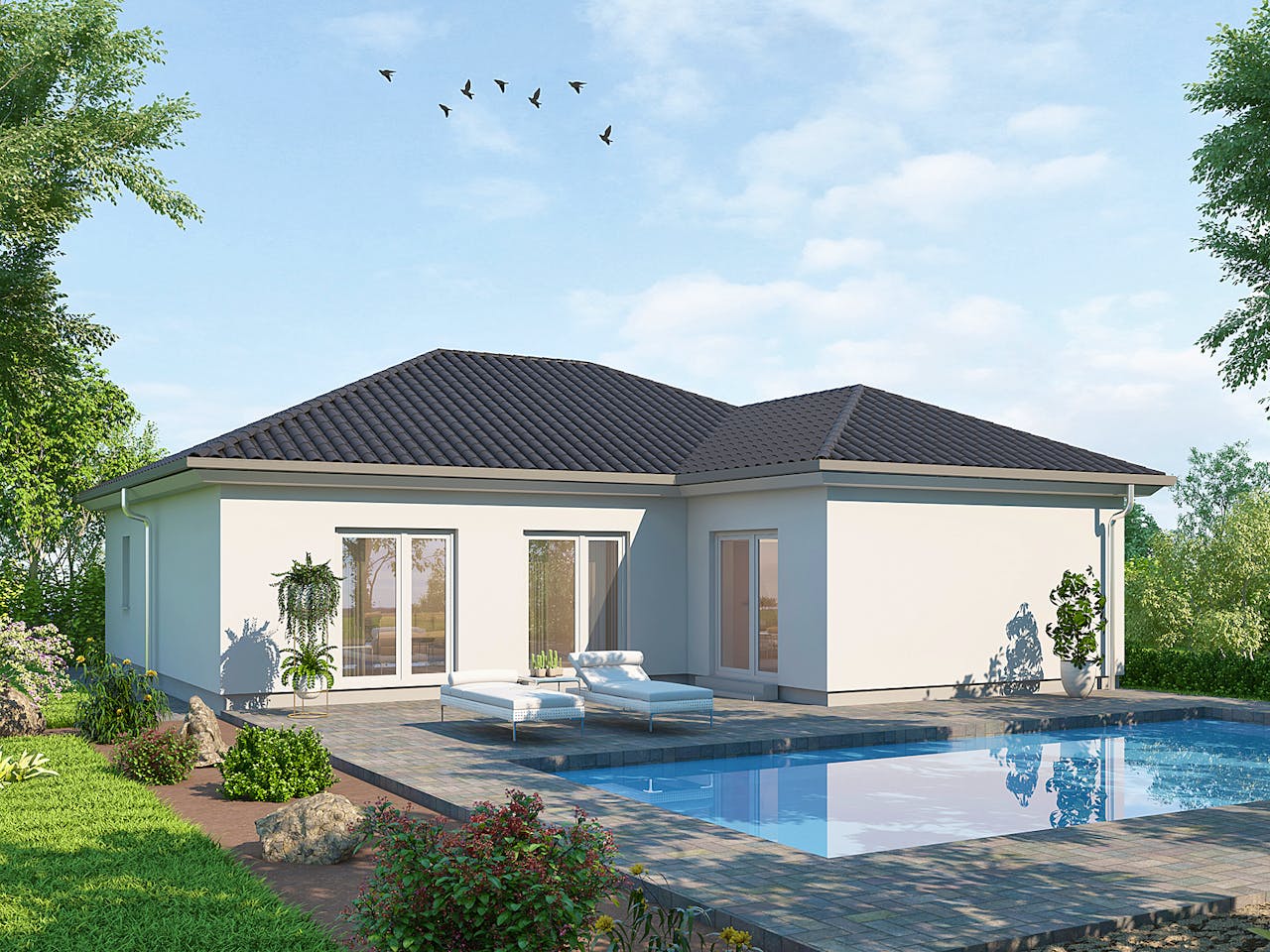 Massivhaus Bungalow BL 115 Basis von Baudirekt, Bungalow Außenansicht 1