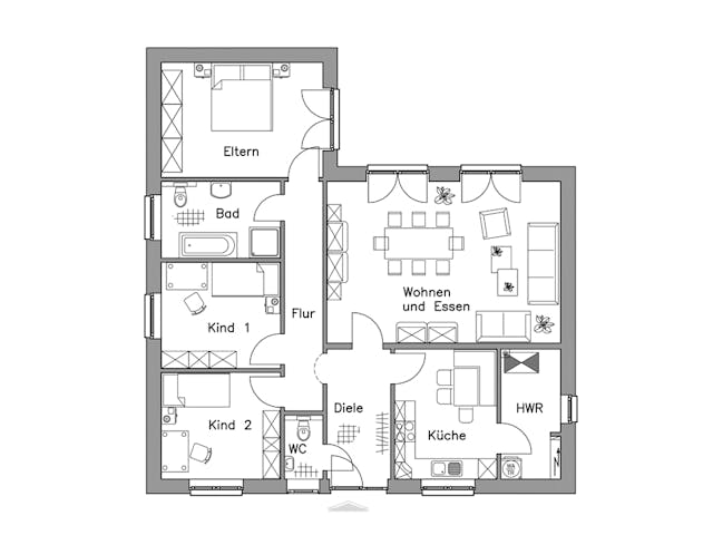 Massivhaus Bungalow BL 115 Basis von Baudirekt, Bungalow Grundriss 1