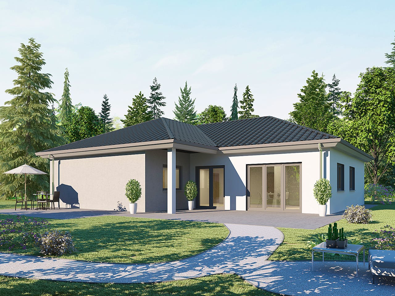 Massivhaus Bungalow BL 135 Basis von Baudirekt, Bungalow Außenansicht 1