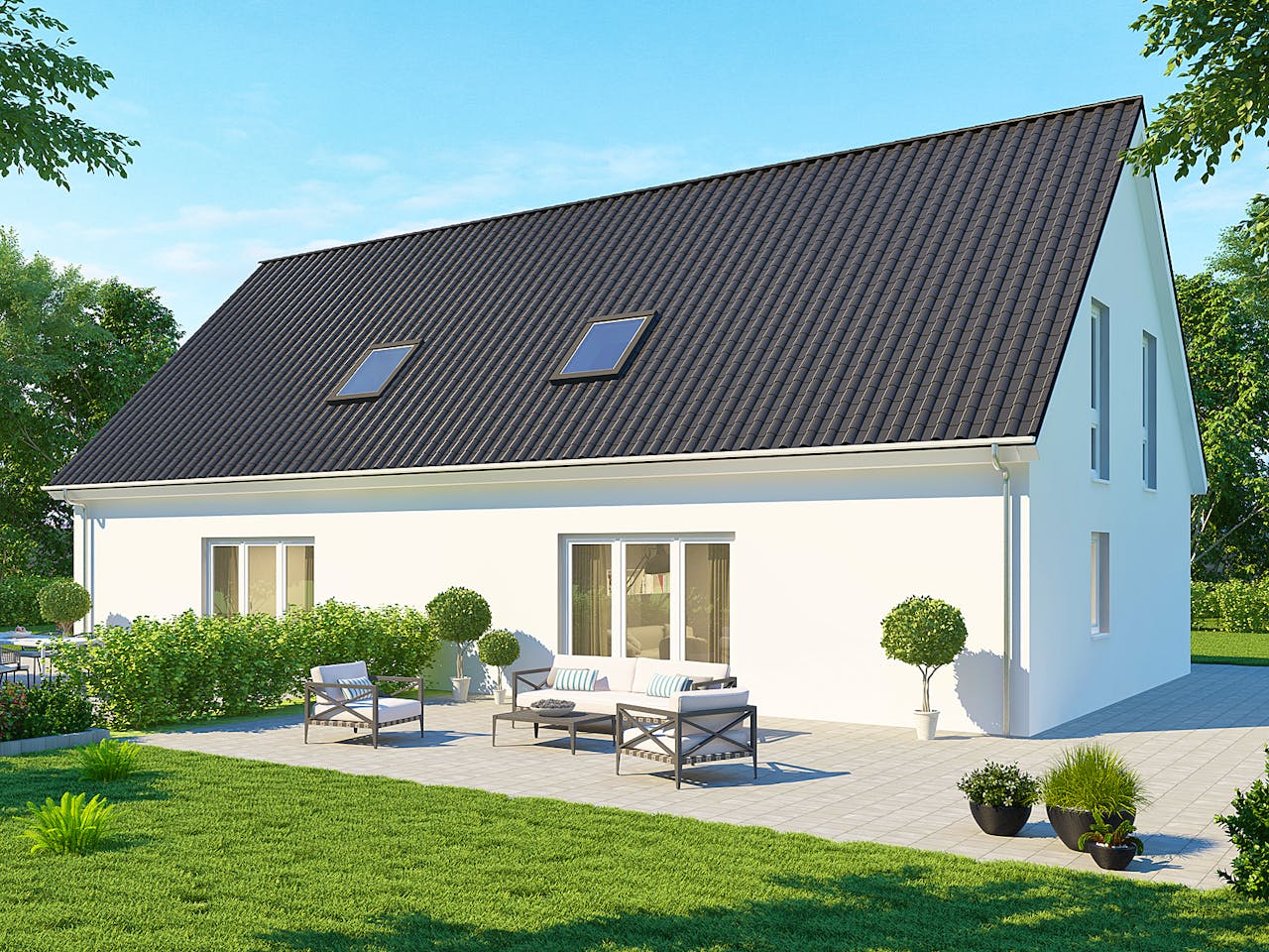 Massivhaus Doppelhaus DH 110 Basis von Baudirekt, Satteldach-Klassiker Außenansicht 1