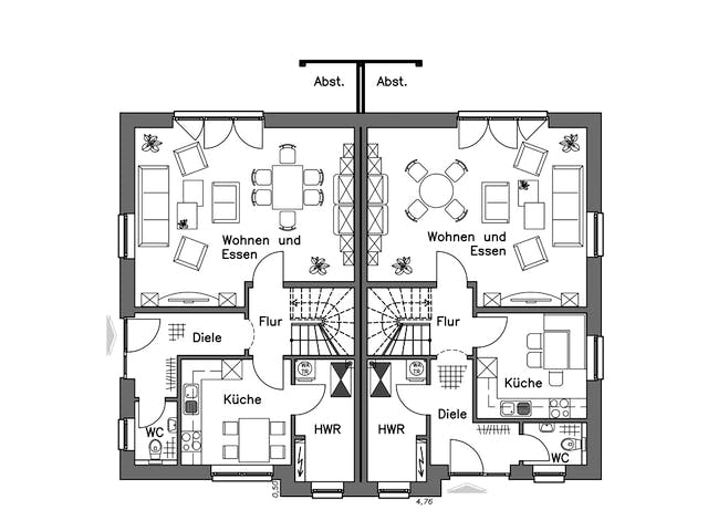 Massivhaus Doppelhaus DH 120 Basis von Baudirekt,  Grundriss 1