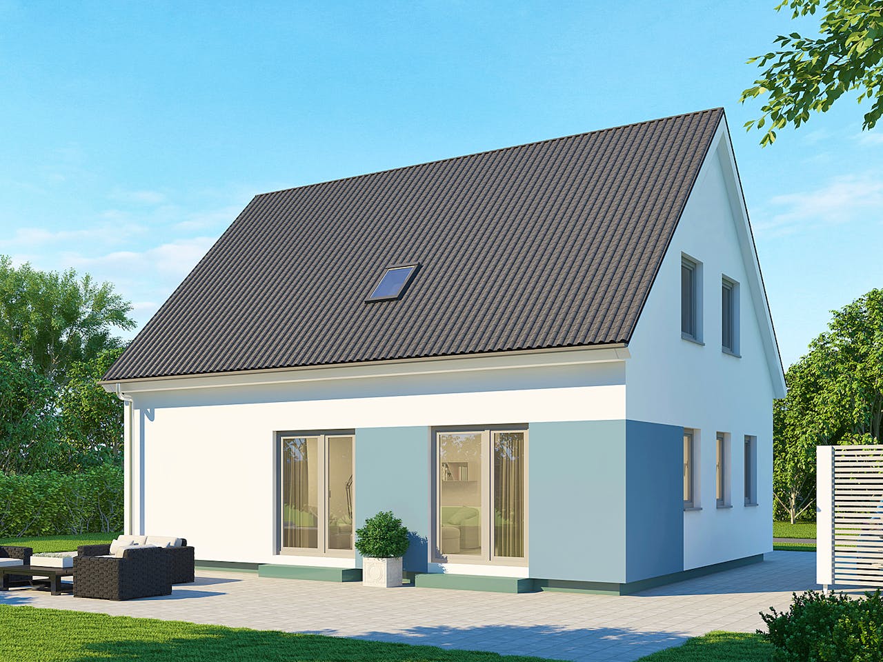 Massivhaus Einfamilienhaus EH125 Basis von Baudirekt, Satteldach-Klassiker Außenansicht 1