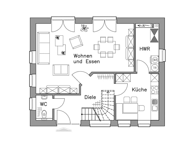 Massivhaus Einfamilienhaus EH125 Basis von Baudirekt, Satteldach-Klassiker Grundriss 1