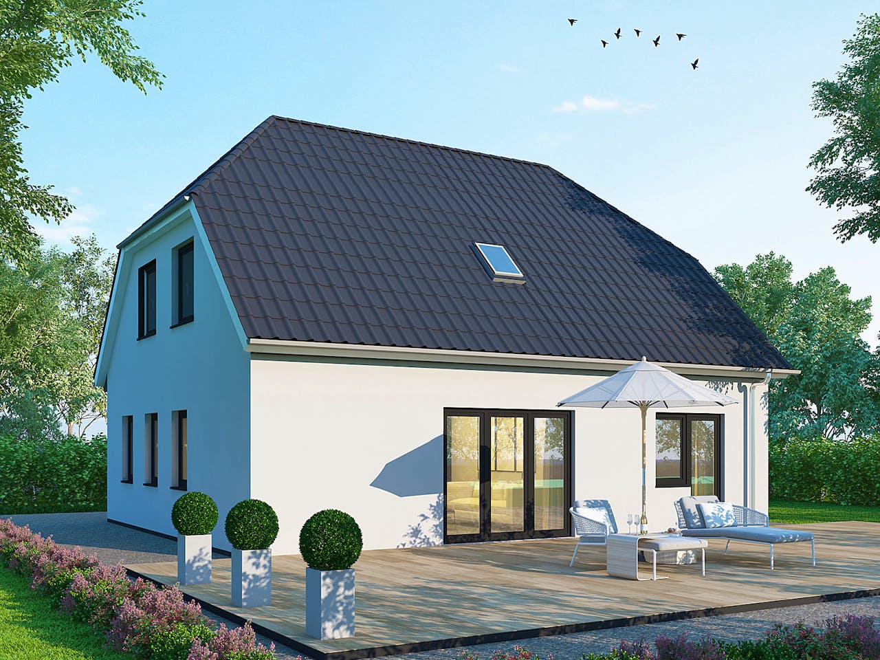 Massivhaus Einfamilienhaus EH140 Basis von Baudirekt, Satteldach-Klassiker Außenansicht 1