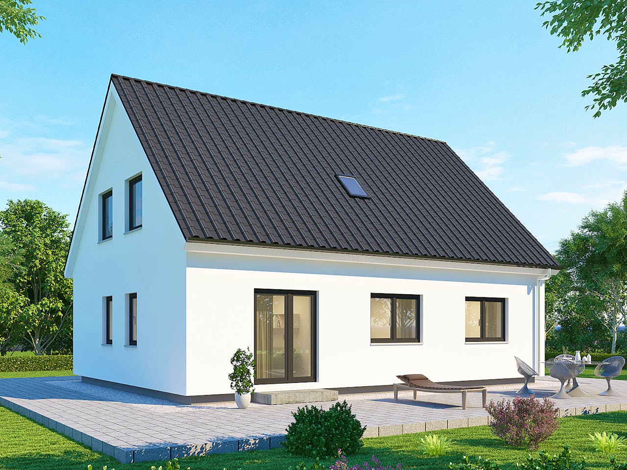 Massivhaus Einfamilienhaus EH155 Basis von Baudirekt, Satteldach-Klassiker Außenansicht 1