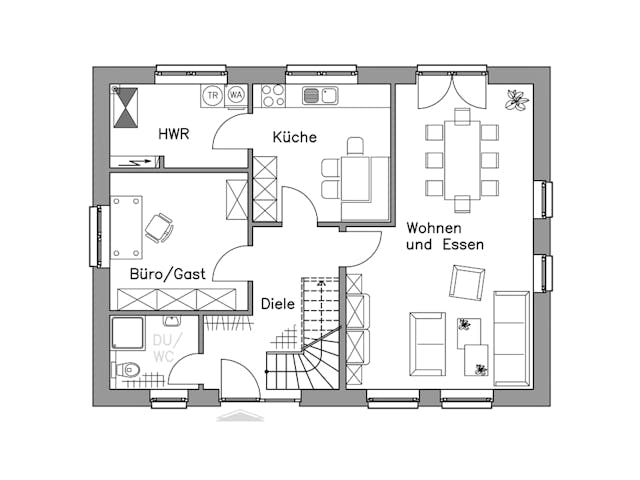 Massivhaus Einfamilienhaus EH155 Basis von Baudirekt, Satteldach-Klassiker Grundriss 1