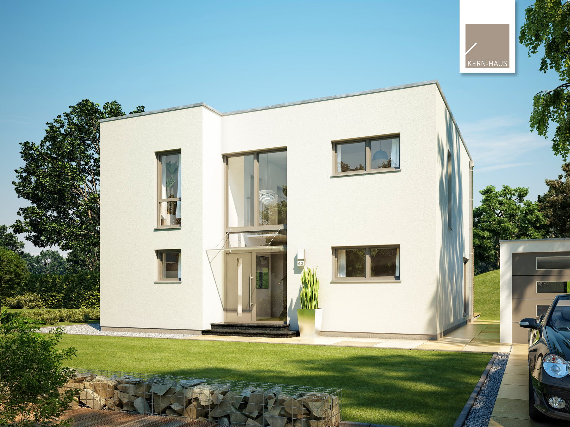 Massivhaus Bauhaus Linea von Kern-Haus Schlüsselfertig ab 463900€, Cubushaus Außenansicht 1