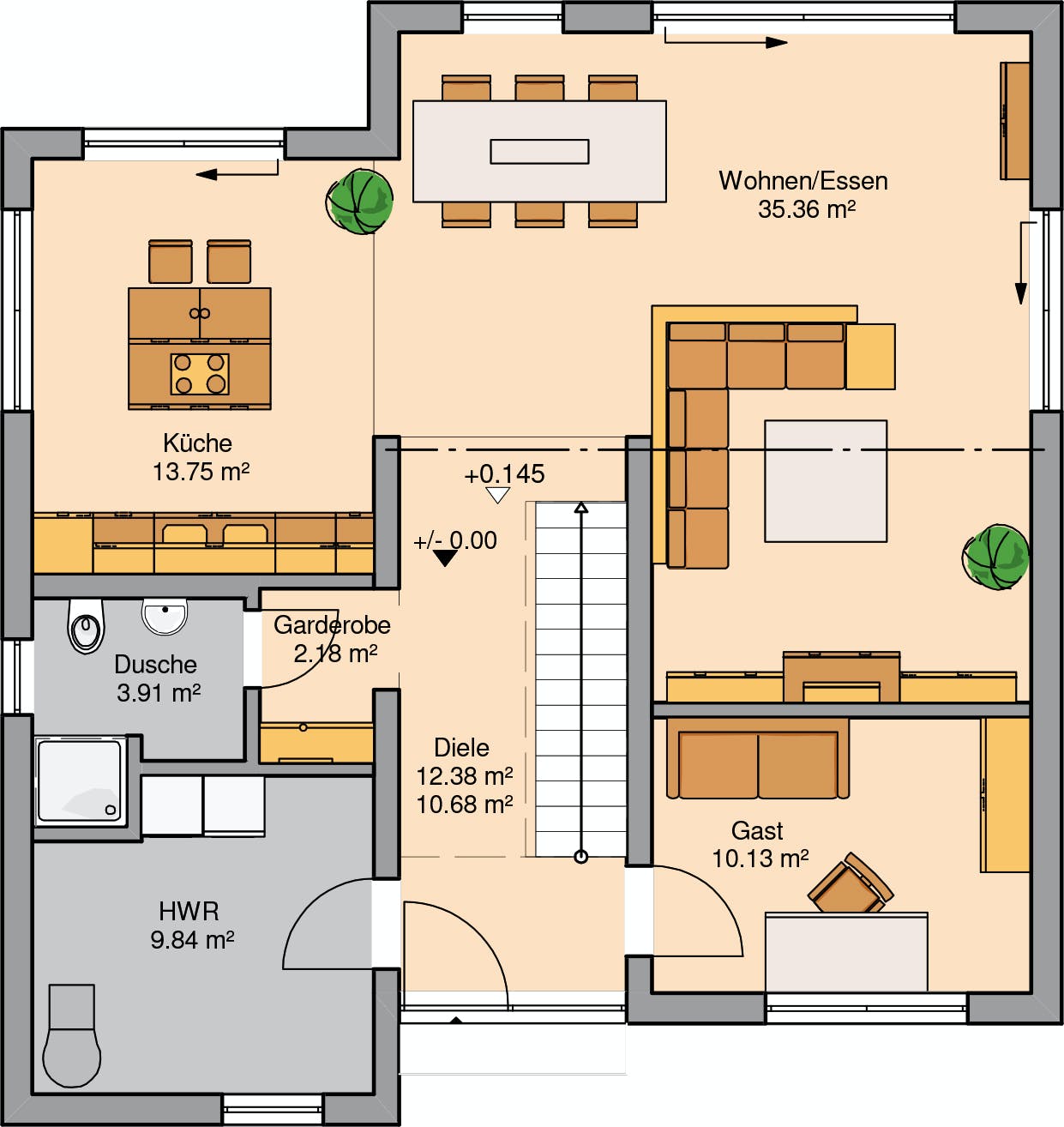 Massivhaus Bauhaus Linea von Kern-Haus Schlüsselfertig ab 512900€, Cubushaus Grundriss 1