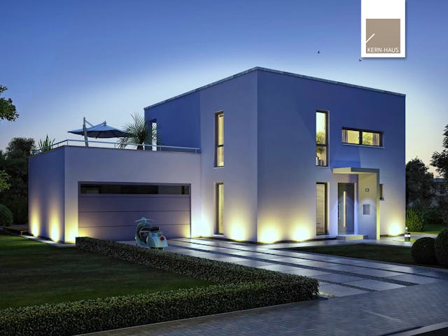 Massivhaus Bauhaus Novum von Kern-Haus Schlüsselfertig ab 339900€, Cubushaus Außenansicht 1 Massivhaus Bauhaus Novum von Kern-Haus Schlüsselfertig ab 339900€, Cubushaus Außenansicht 1