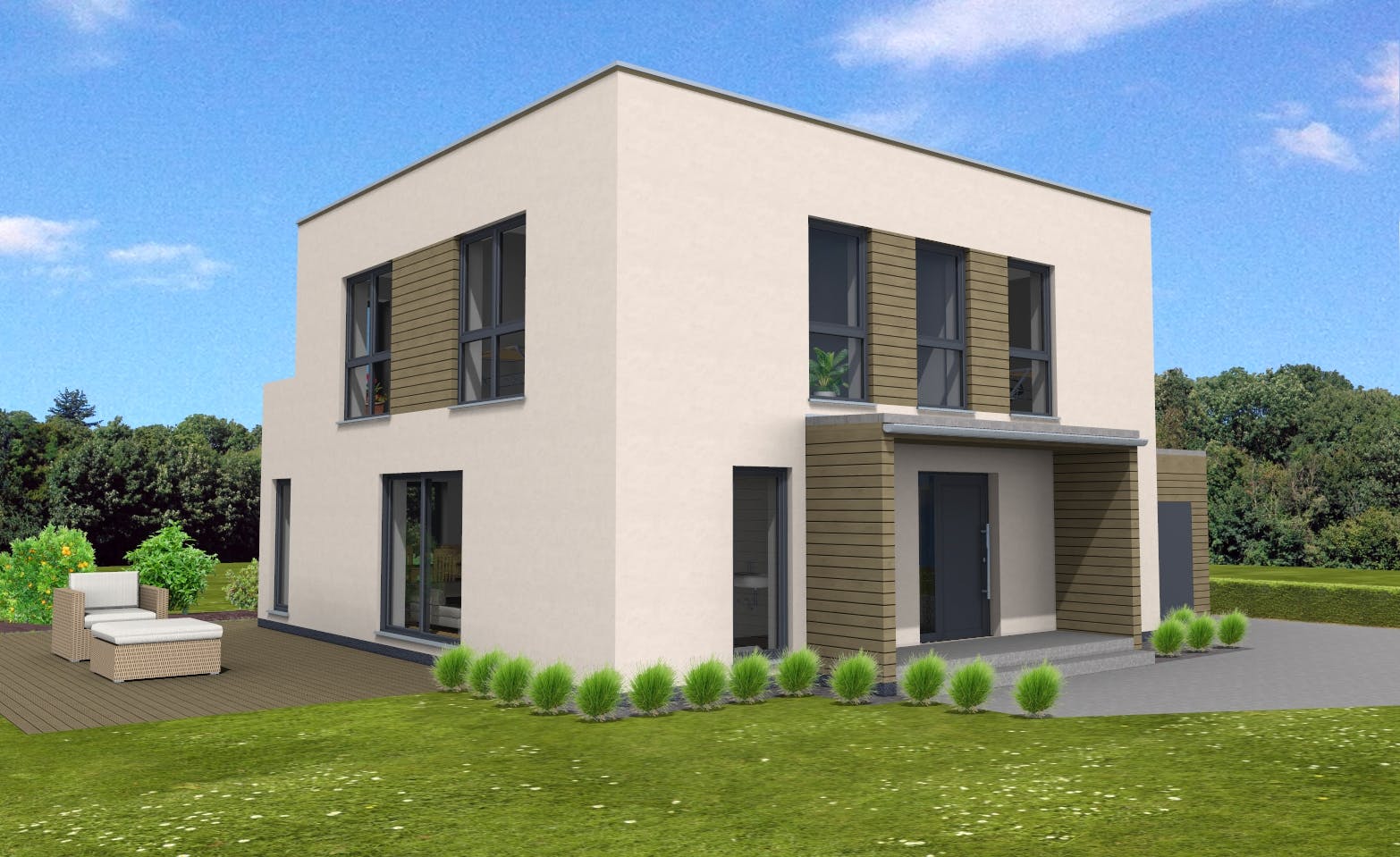 Fertighaus Bauhaus 160 inkl. Eingangsüberdachung von Suckfüll Energiesparhaus Schlüsselfertig ab 418494€, Außenansicht 1
