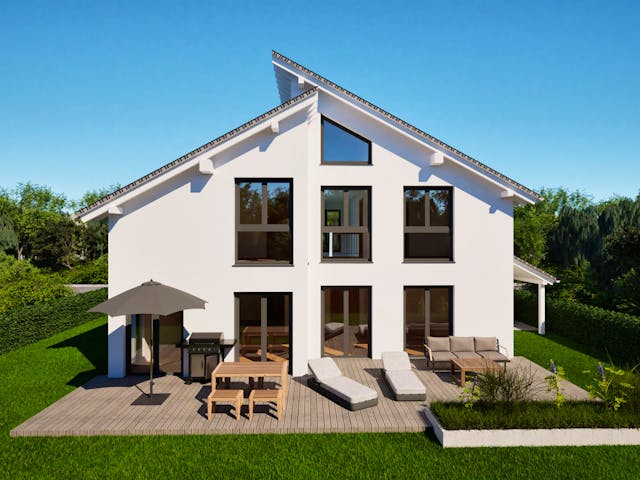 Massivhaus Entwurf CS183 von FAVORIT Massivhaus, Pultdachhaus Außenansicht 1